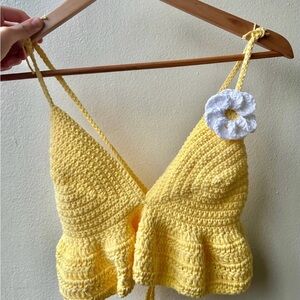 HANDMADE Sunny Yellow Crochet Crop Top with White Floral Detail